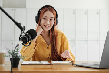 Live Podcast Session with Smiling Female Host.