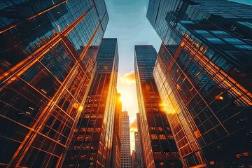 High tower reaching skyward in urban landscape skyscraper city business architecture exterior of office buildings modern of futuristic designs blue dominating view of downtown finance district