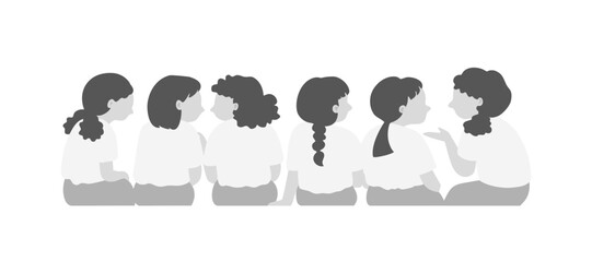 Behide view of girls talking in hand drawn flat vector illustration.