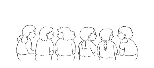 Fototapeta na wymiar Behide view of girls talking in line drawing vector illustration.