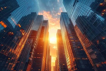 Fototapeta premium High tower reaching skyward in urban landscape skyscraper city business architecture exterior of office buildings modern of futuristic designs blue dominating view of downtown finance district
