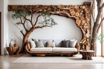 Rustic interior home design of living room with Unique hand crafted tree trunk sofa and tree decoration