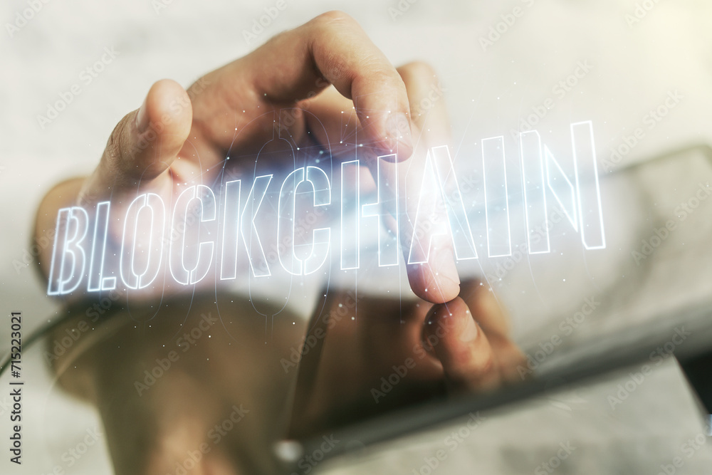Poster creative concept of blockchain technology and finger clicks on a digital tablet on background. digit
