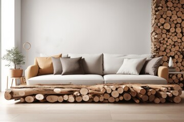 Rustic interior home design of living room with unique hand crafted sofa and wooden logs decoration