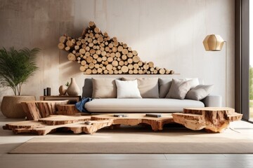 Rustic interior home design of living room with unique hand crafted sofa and wooden logs decoration