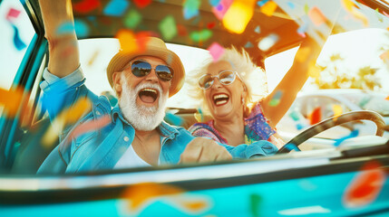 Happy senior couple having fun driving enjoying vacations trip together, Lifestyle road trip travel, colorful with warm light, empower and joyful life concept
