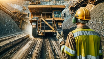 Worker in a coal mine monitoring the loading operation, with industrial machinery in view
