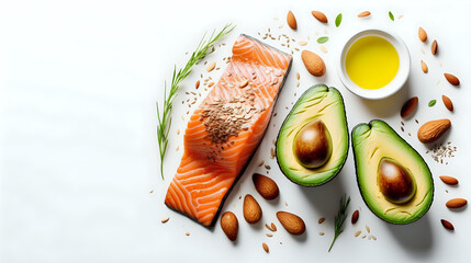 Avocado and almond, flax seed oil salmon on white background, copy space, top view