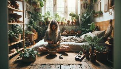 Attractive female grinding natural ingredients for alternative healthcare treatments