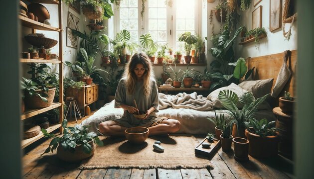 Attractive female grinding natural ingredients for alternative healthcare treatments