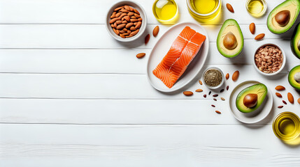 Sources of omega 3 fatty acids, flaxseeds, avocado, salmon and almond on wooden white table, Text space. Generated with AI.