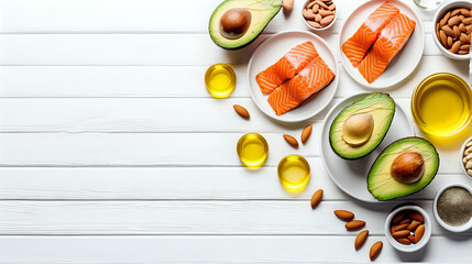 Sources of omega 3 fatty acids, flaxseeds, avocado, salmon and almond on wooden white table, Text space. Generated with AI. - obrazy, fototapety, plakaty