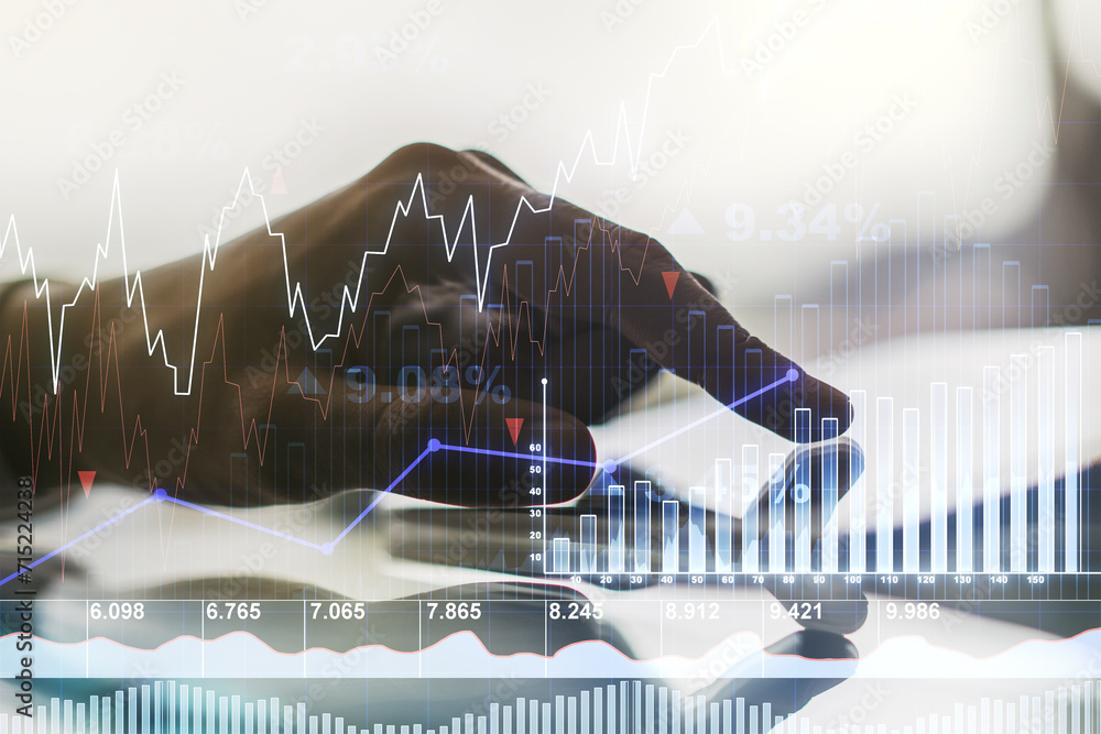 Poster multi exposure of abstract financial graph and hand working with a digital tablet on background, fin