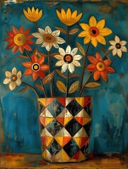 minimalistic cubism artwork of a vase with flowers, exploring the interplay between geometric shapes and organic forms,  
