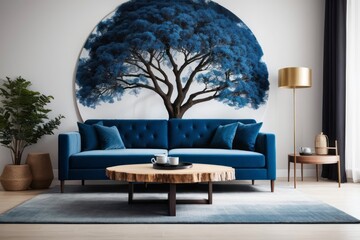 Interior home design of living room with vibrant blue velvet sofa and tree stump table