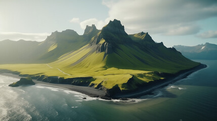 Aerial view of beautiful Mount Eystrahorn with Krossasnesfjall mountain range and sunlight shining on coastline in summer at East of Iceland - Powered by Adobe