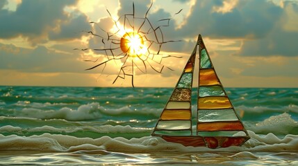 sea and sun on a background of waves, blend in the style of stained-glass and photography, backdrop wallpaper