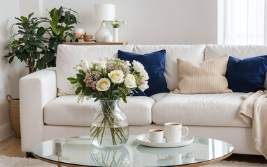 Close-up of a glass vase with flowers on a round coffee table near a white sofa, capturing the essence of Scandinavian style in the modern living room's home interior design.