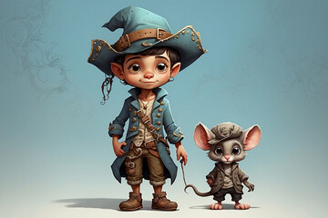Naklejka premium Cute little boy dressed as a pirate with a mouse on a blue background