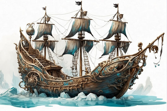 Pirate ship in the sea, watercolor painting, digital illustration