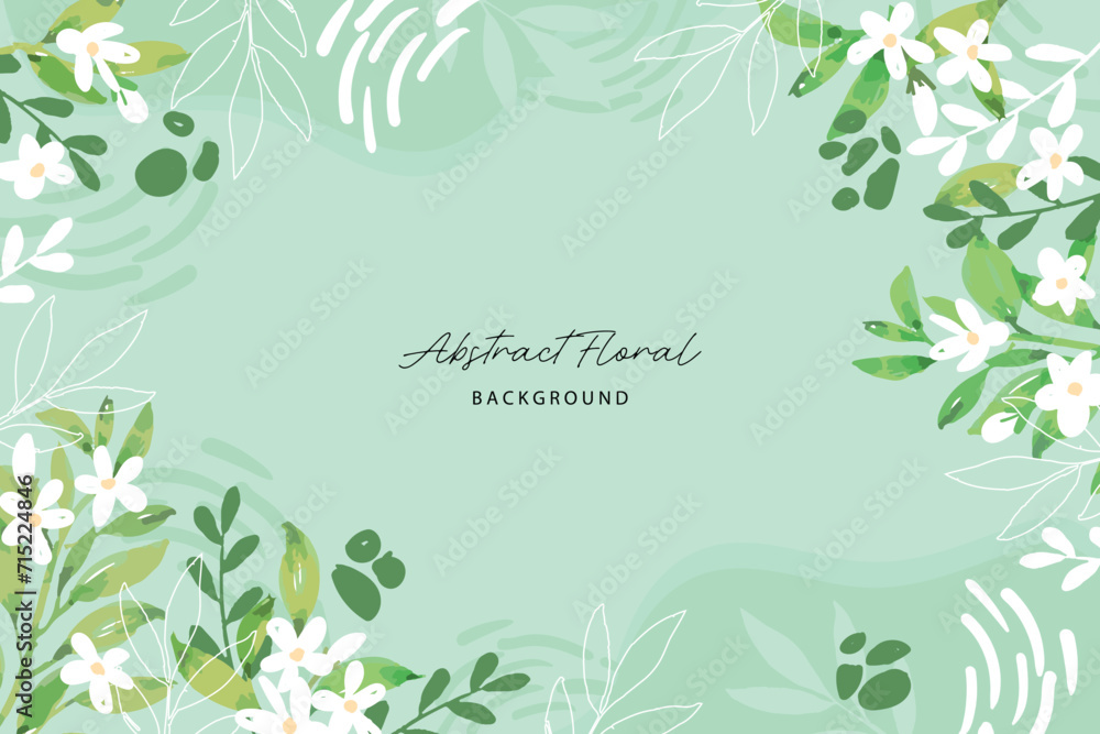 Wall mural spring background with jasmine green leaves frame background. vector jasmine flower banners. asiatic - Wall murals