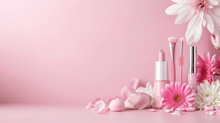 Makeup background with ample copy space, featuring 3D renders of beauty products
