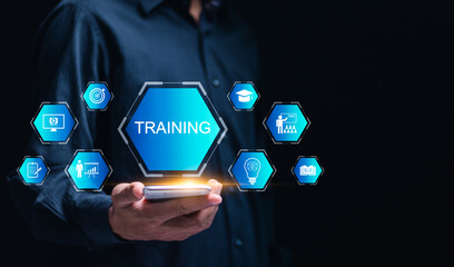 Elevate skills with Training Webinar E-learning. Businessman uses smartphone featuring a training...