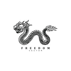 Simple linear flying dragon vector art illustration