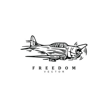 Vintage linear hand drawn military aircraft logo design badge for your brand or business