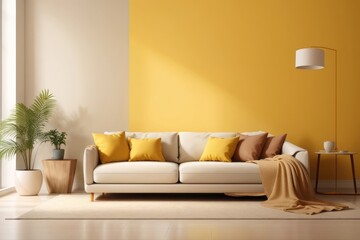 Interior home design of living room with sofa and vibrant yellow empty wall