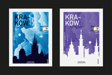 Krakow city poster pack with abstract skyline, cityscape, landmark and attraction. Poland old town vector illustration layout set for vertical brochure, website, flyer, presentation
