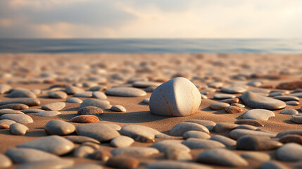 A 3D visualization of a single pebble on a beach, the simplicity of the scene - obrazy, fototapety, plakaty