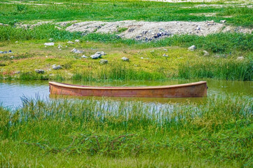 a wooden boat on a small river overgrown with grass