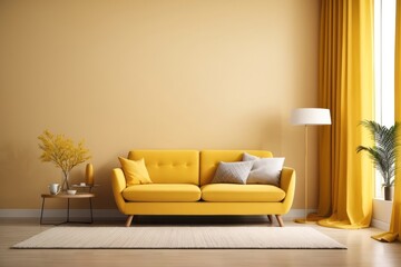 Interior home design of living room with sofa and vibrant yellow empty wall