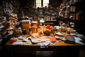 Naklejka na ściany i meble Office desk with a chaotic mix of documents and stationery, symbolizing a hectic work environment, Generative AI
