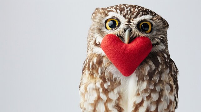 little baby owl carrying a big red heart as a symbol of love. Valentine's Day spent with a pet, a small owl. Funny animal with heart and love isolated on white, copy space.