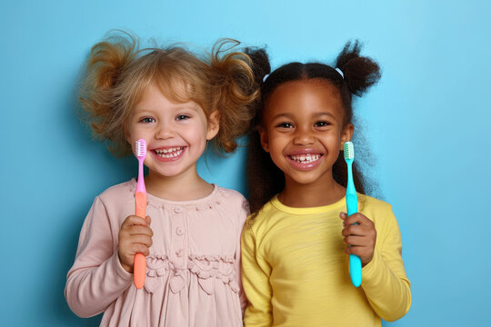 Portrait of two beautiful kids girls with perfect smile holding toothbrushes. Child dental care concept