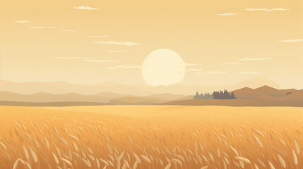 A flat illustration of a minimalist wheat field, the golden stalks a pattern of lines and waves