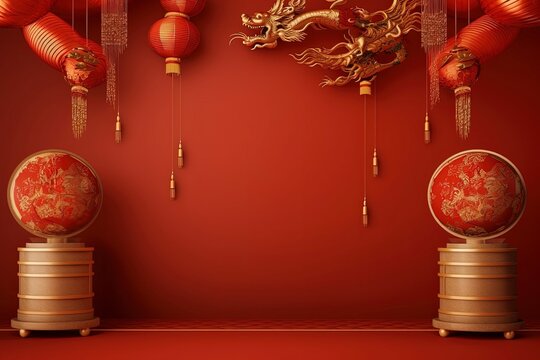 A Chinese podium with a picture of a dragon with an empty space in the middle decorated with hanging Chinese lanterns with generative ai