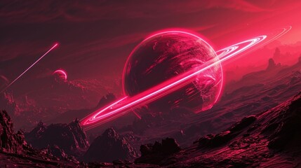 A neon red planet with glowing rings orbiting around it - obrazy, fototapety, plakaty