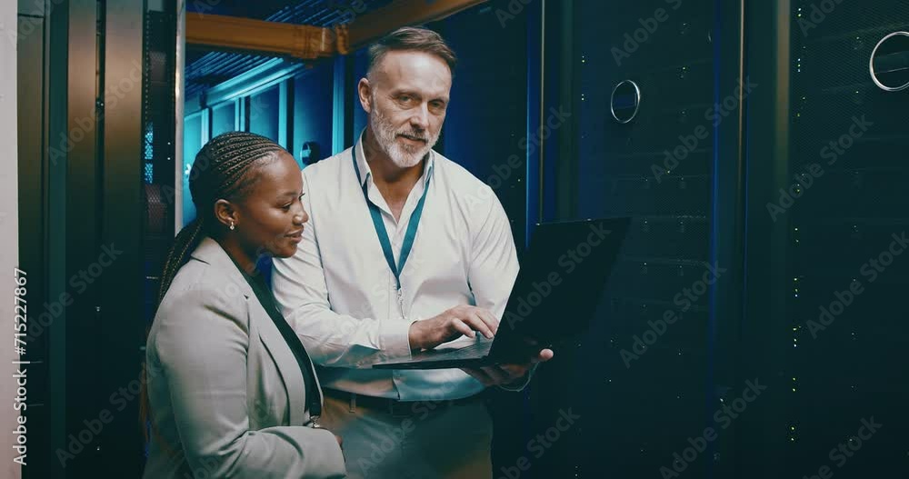 Poster Engineering team, laptop and server room for cloud computing, programming and hardware solution. Face of senior man, woman or technician in data center with information technology or computer coding