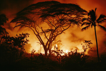 Tropical Island Fire at Night - Smoke, Palm Trees, Beach, Water
