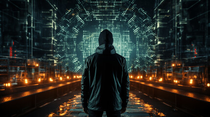 A solitary figure stands facing a massive, illuminated digital interface in a dark, cyberpunk cityscape setting.
