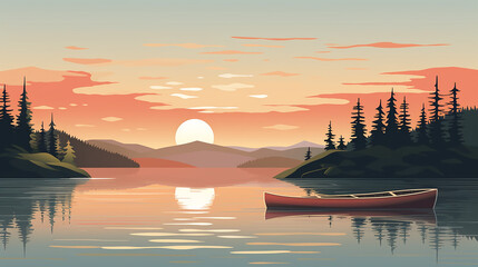 illustration depicting the quiet solitude of a canoe on a still lake, with gentle earth tones - obrazy, fototapety, plakaty