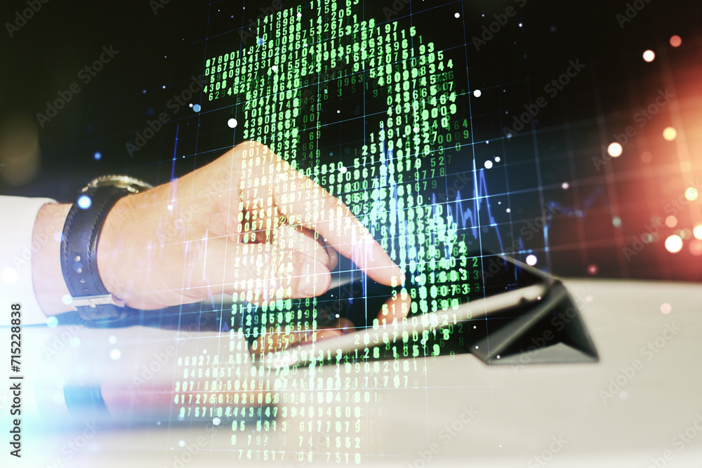 Poster double exposure of creative bitcoin symbol hologram and hand working with a digital tablet on backgr