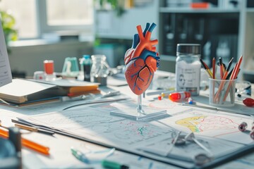 Anatomical Model of Human Heart on Medical Researcher's Desk