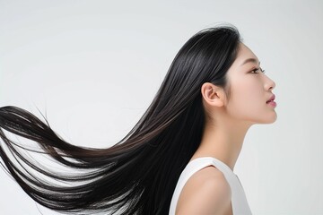 黒髪の綺麗な日本人女性の横顔の写真（ヘアケア・ロングヘア・縮毛矯正・ストレート・背景なし） - obrazy, fototapety, plakaty