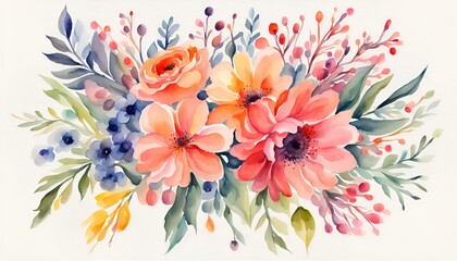Fototapeta na wymiar Watercolor flowers, wedding bouquet. Generative AI, Watercolor floral bouquet illustration set, abstract watercolor flowers, bouquets collection. Wedding stationary, greetings, wallpapers, abstract
