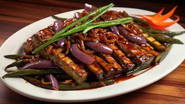 An artistic composition showcasing adobong talong at sitaw, a delightful medley of grilled eggplant and long beans, harmoniously marinated in a tangy sauce.