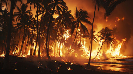 Tropical Island Fire at Night - Smoke, Palm Trees, Beach, Water